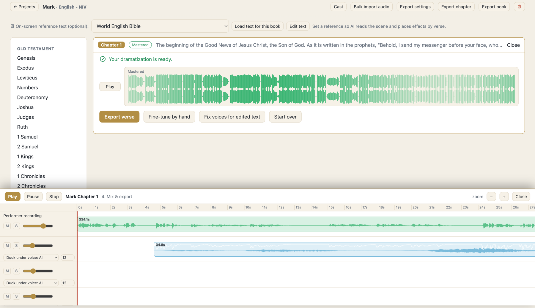The Transform Lexis studio: a mastered chapter of Mark with its voice, music and effects tracks on the timeline